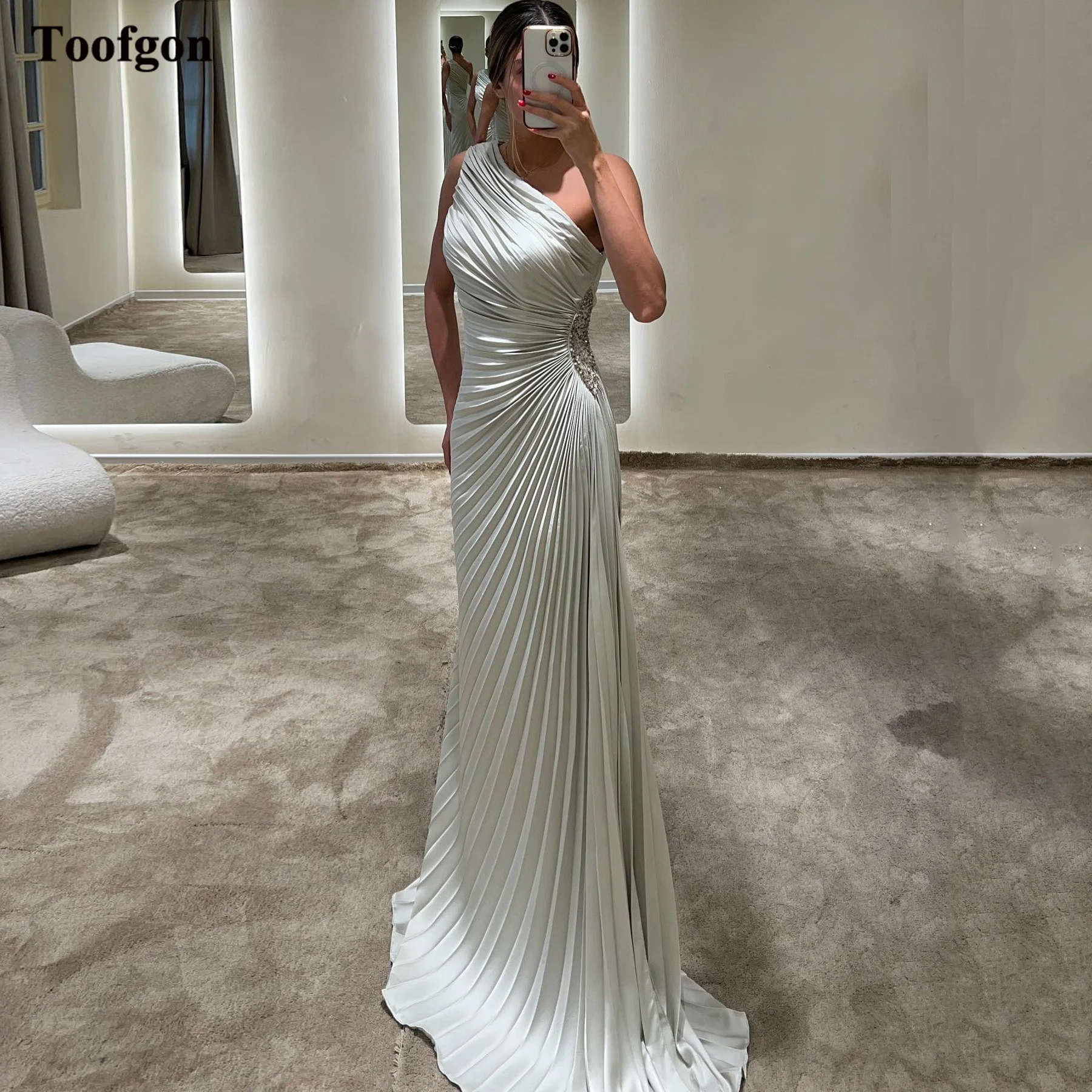 

Toofgon Crumpled Silk Satin Prom Dresses One Shoulder Beaded Crystals Women Formal Evening Dress Special Party Outfits Gowns