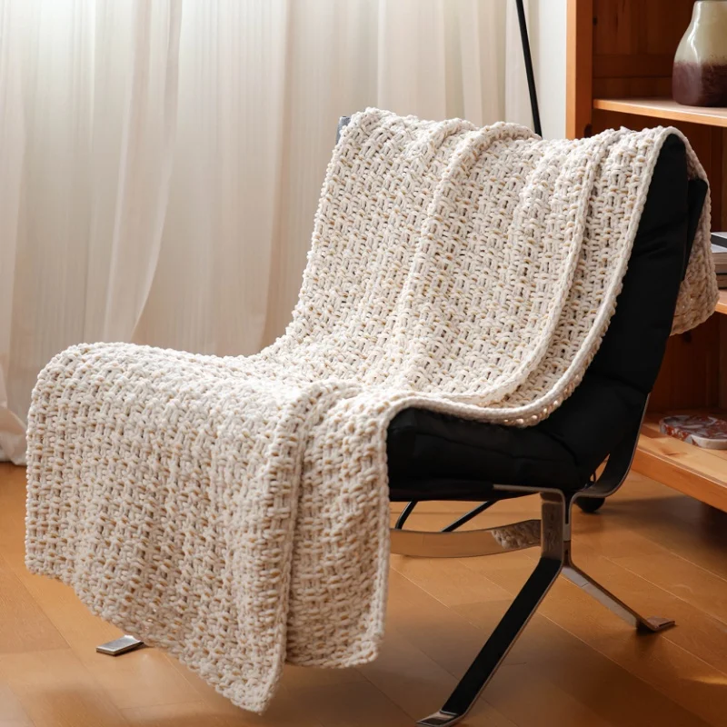 Minimalist Ivory Knit Throw Blanket | Soft Chenille Sofa Blanket | Golden Knitting Home Decor Couch Bed Cover
