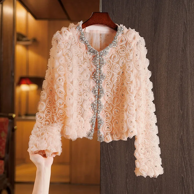 

Summer 2026 Women's Elegant Pink Heavy Embellished 3D Rose Long Sleeve Shirt Top Straight Cut Wave Gored Resin Color Fastened...