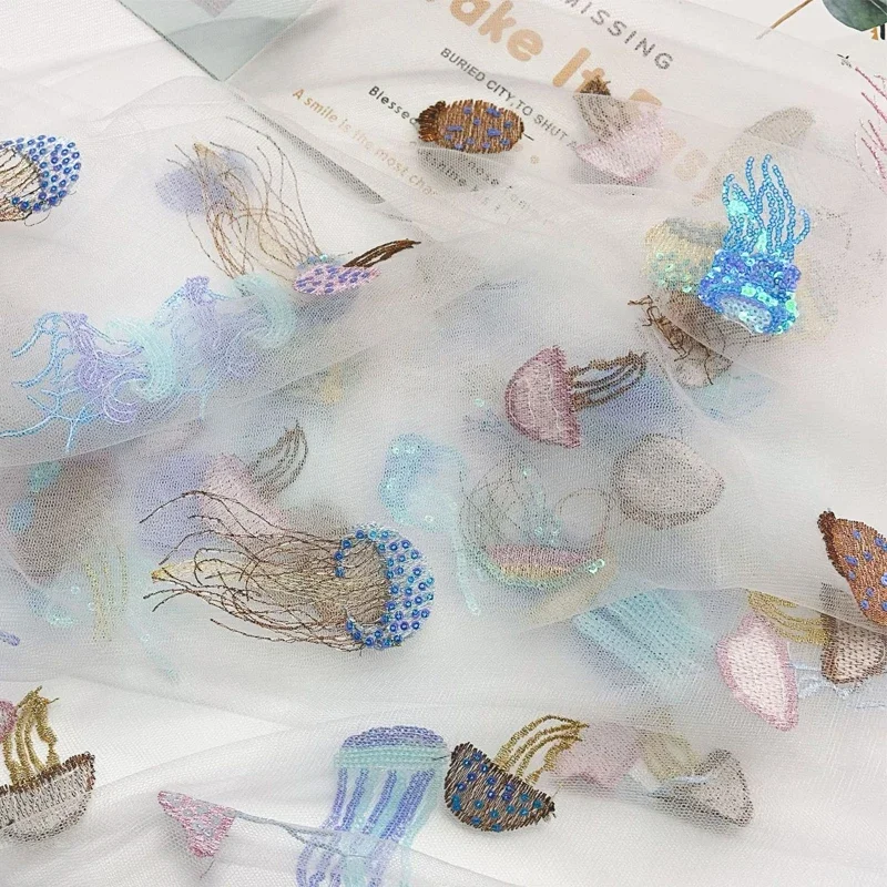 スパンコール刺繍メッシュ生地深海虹色クラゲデザインソフトチュールスカート素材-diy-衣類ドレスアパレル用