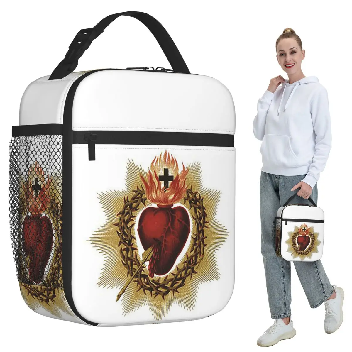 

Sacred Heart Of Jesus Catholic Insulated Lunch Bag for Kids School Cooler Thermal Food Box Tote Portable Lunch Boxes Container