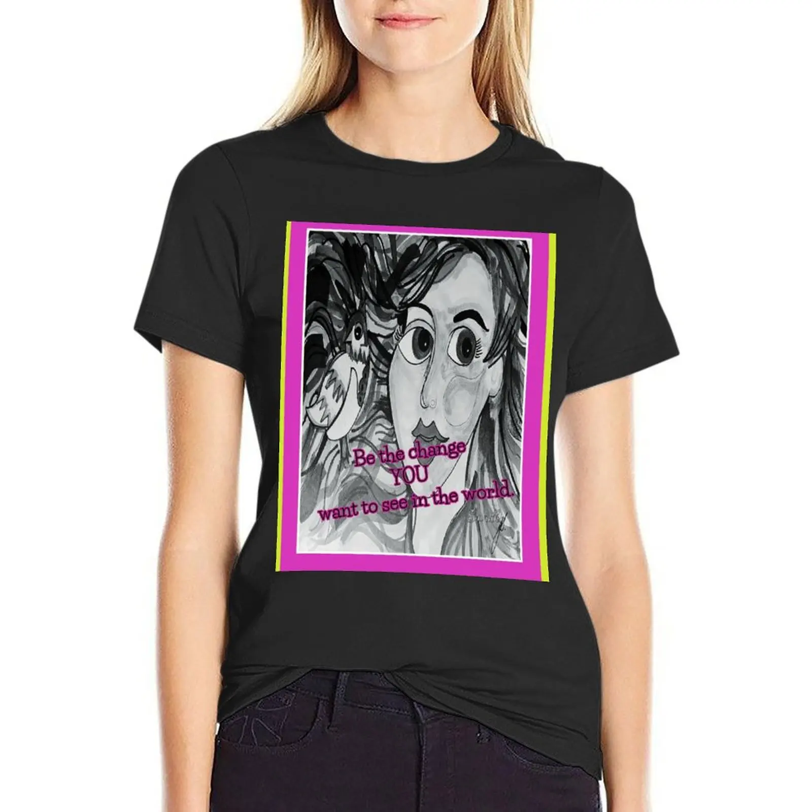 Drawing of a face. Who's face. Be the change you want to see in the world,Gandhi. My Drawing T-Shirt female tops Womens clothing