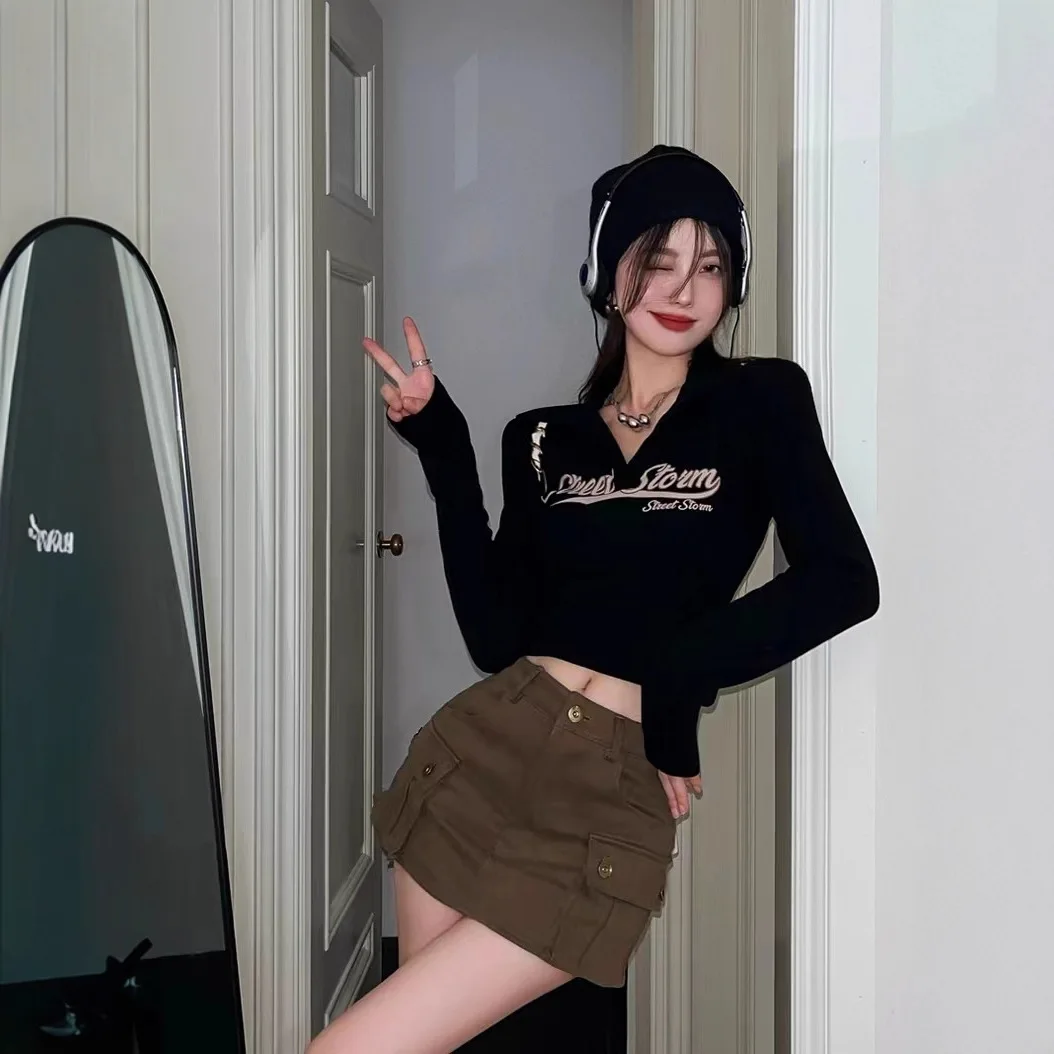 سليم صالح كم طويل تي شيرت المرأة عالية الخصر المحاصيل الأعلى قاعدة قميص النمط الأمريكي الرجعية القطن مزيج الخامس الرقبة طباعة عادية #4