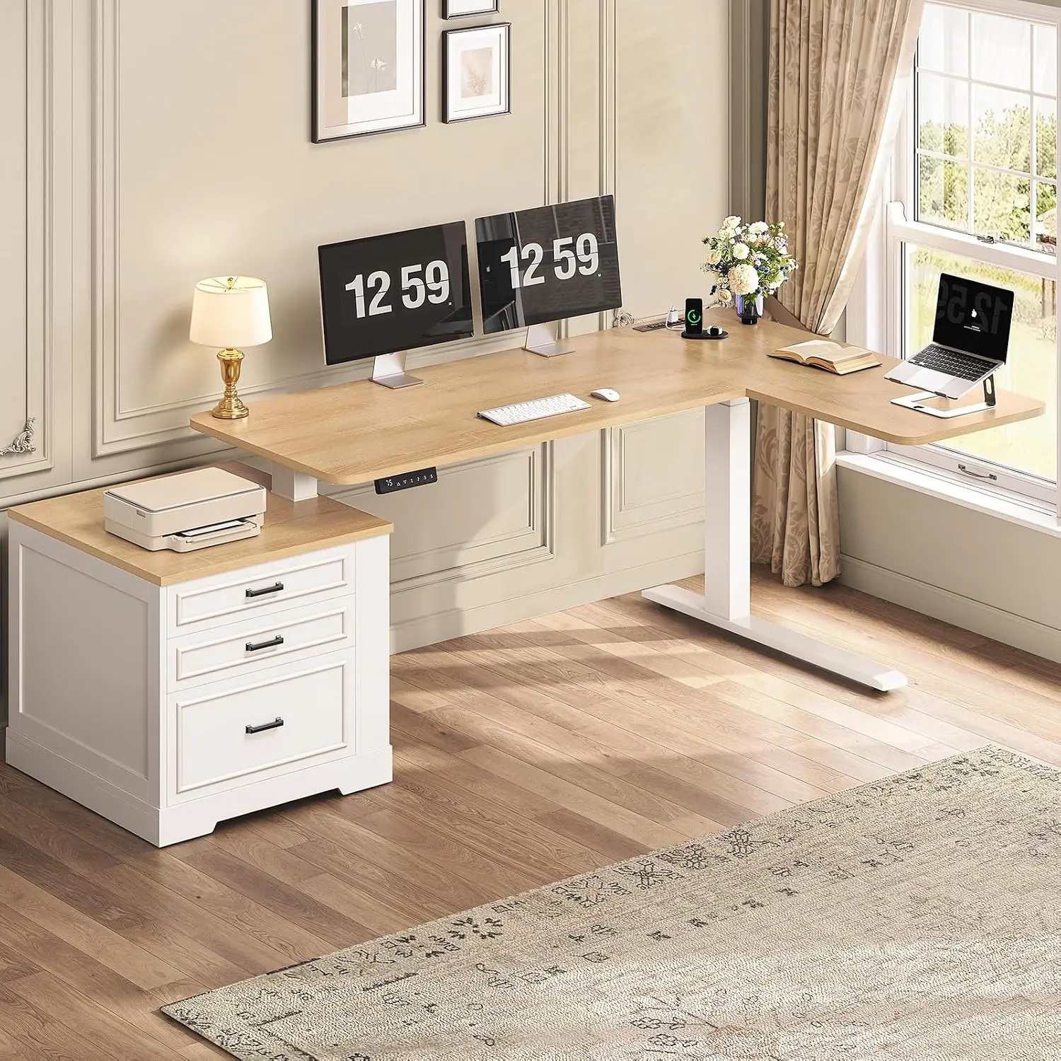 L Shaped Electric Standing Desk Height Adjustable Executive Desk with 3 Drawers & Power Outlet 70.9x39.4in Oak, Customized