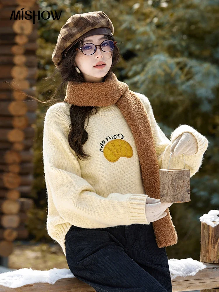 MISHOW Bull Horn Embroidery O-Neck Pullovers Yellow Blue Outerwears Knitted Sweater Thickened Warm Versatile Tops MXD57Z1084