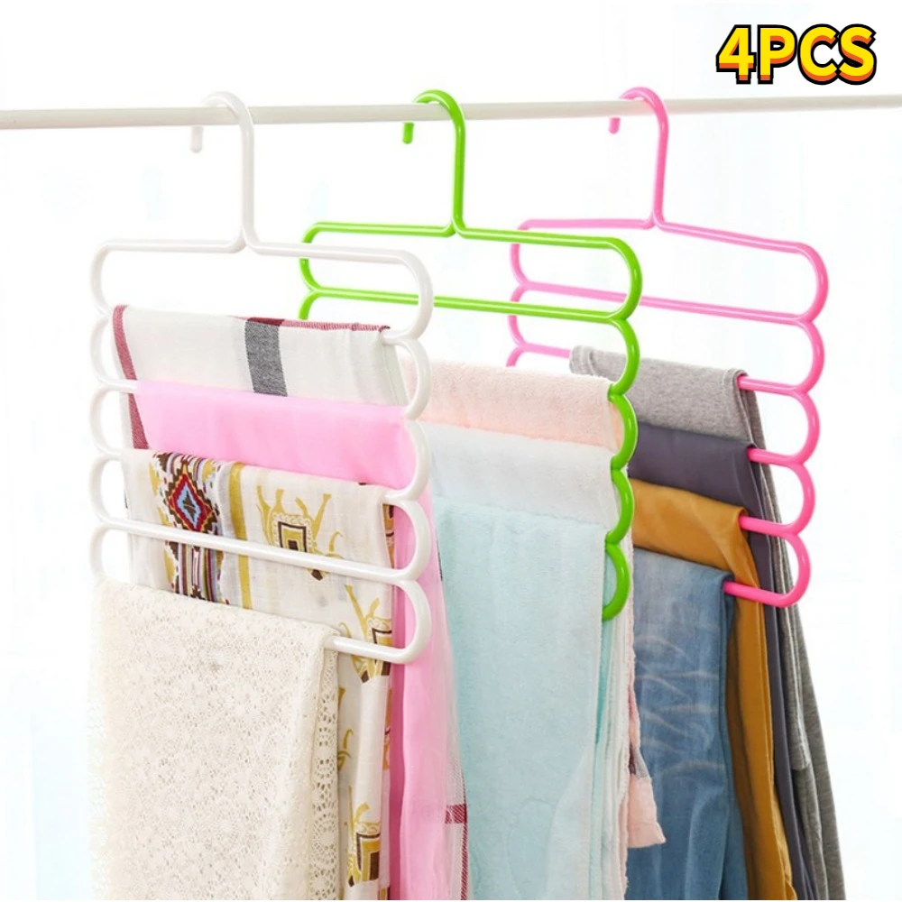 4PCS Clothes Hangers 5-Layers Trousers Holders Closet Storage Organizers 5 Layers Pants Towel Scarfs Racks Storage Organization