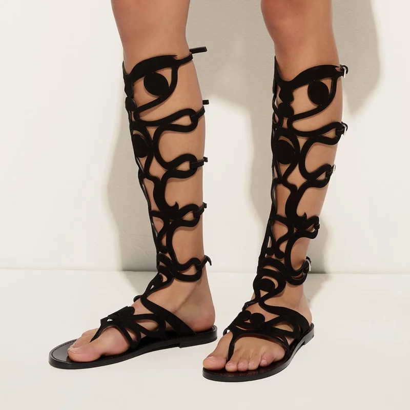 Hollow Out Knee High Flats Sandals Sexy Pointed Toe Metal Buckle Belt Customized New Arrivals Fashion Women Modern Shoes