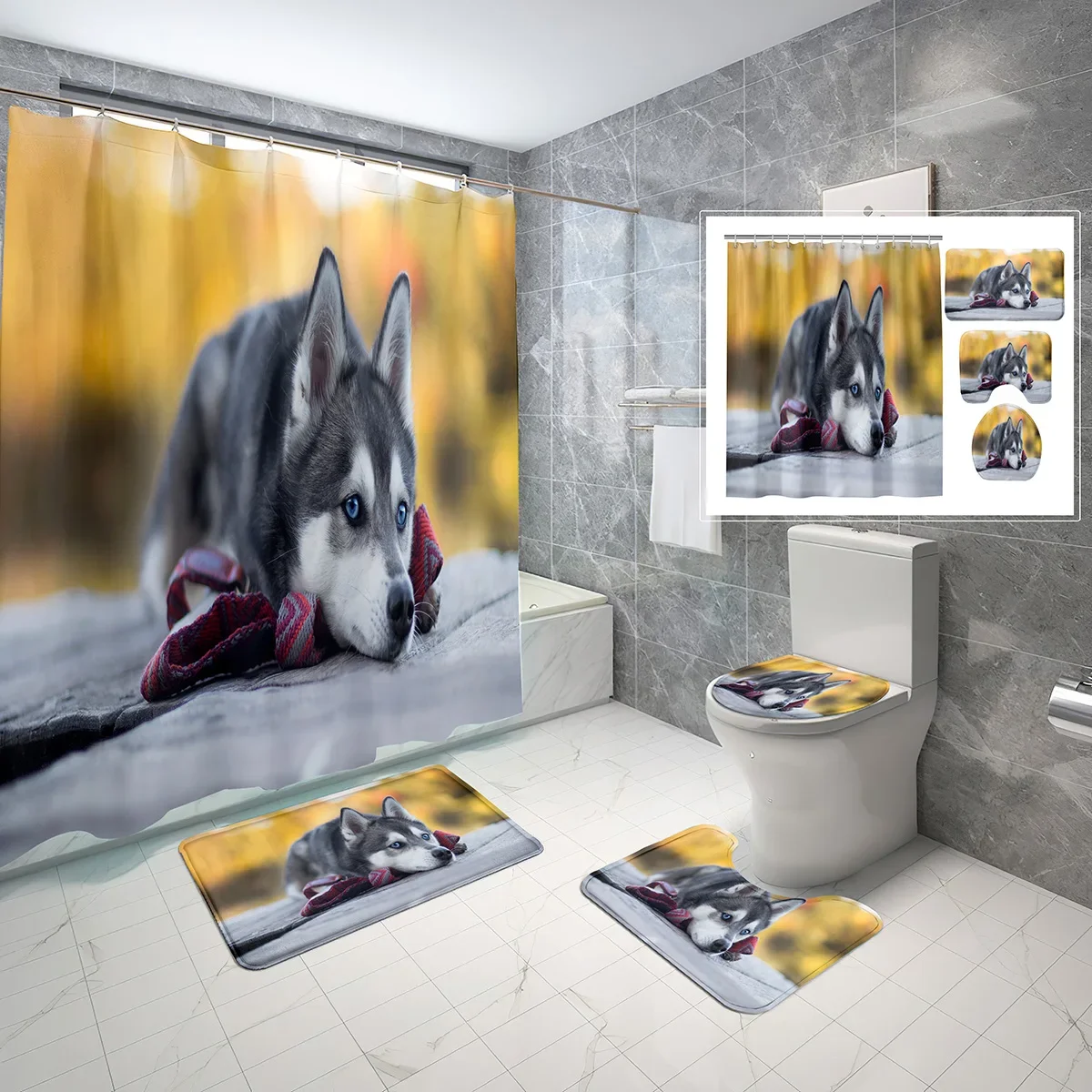 

4 Sets Huskies Shower Curtain Set with Non-Slip Bath Mat,Toilet Lid Cover and Cute Eskimo Animals Dogs Shower Curtain Sets