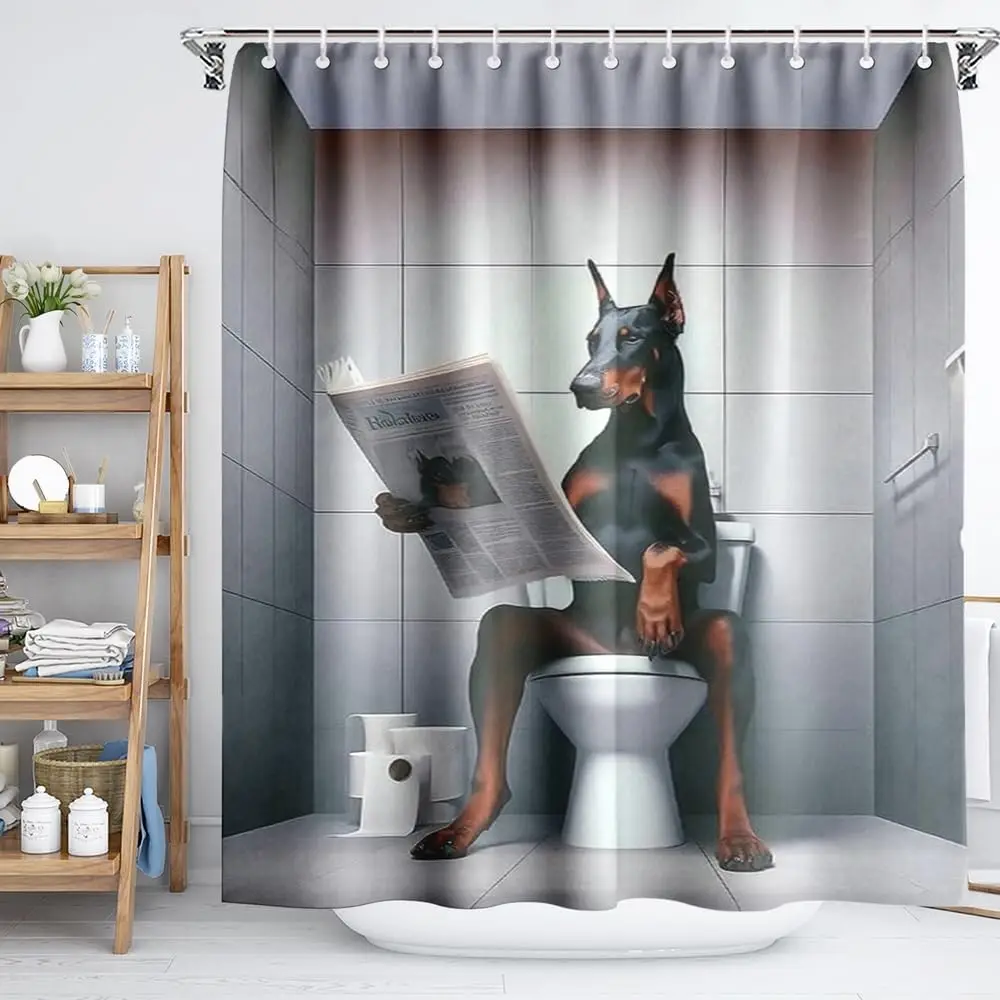 Humorous Doberman Toilet Shower Curtain, Doberman Pinscher Reading Newspaper on Toilet, Waterproof Fabric Bath Curtain