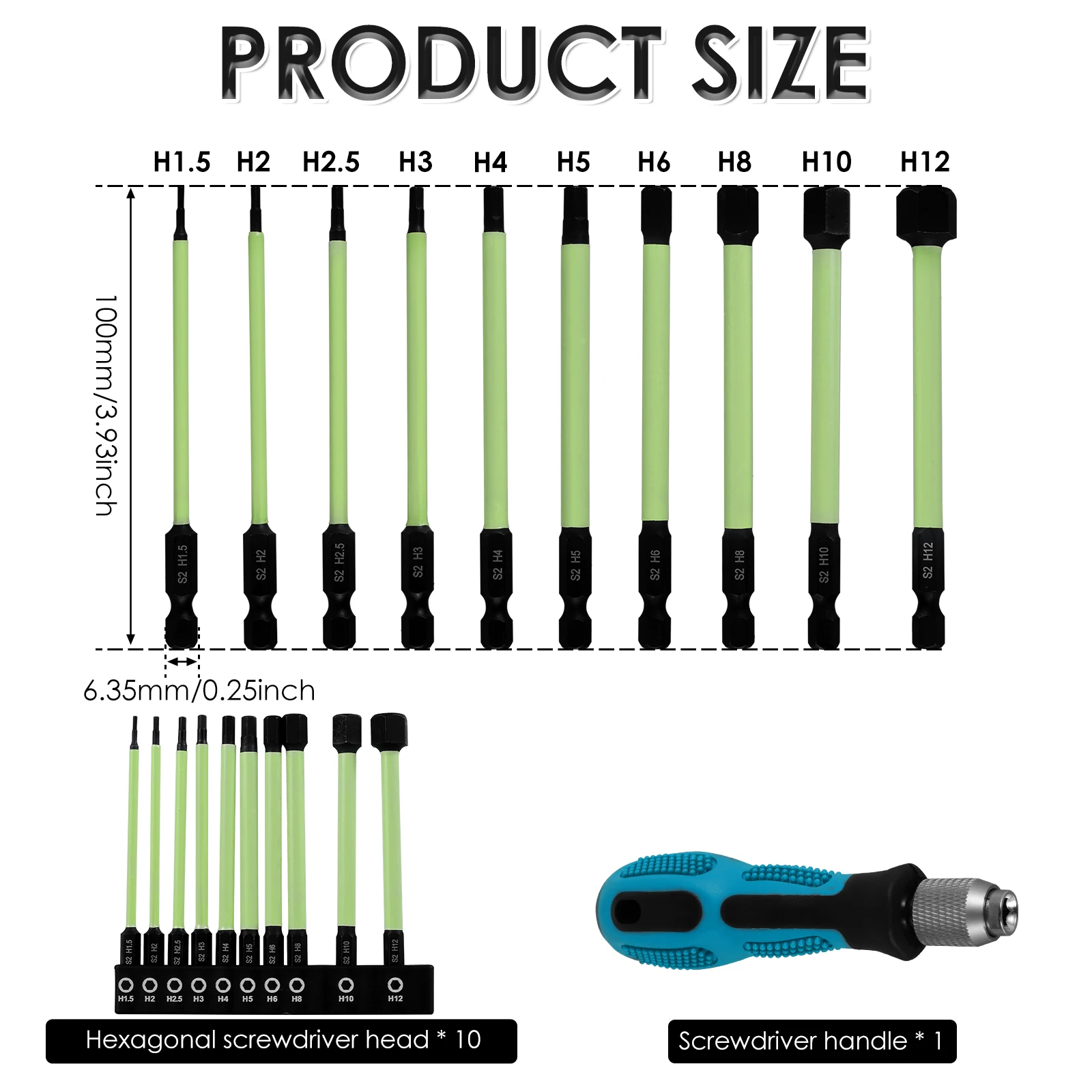 10Pcs Hex Head Screwdriver Bit Set 1/4inch Hex Shank Magnetic Tip Hex Bit Set with Handle S2 Alloy Steel Screwdriver Bit Tool