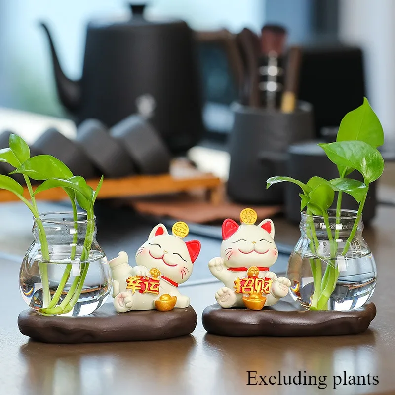 Mini Version of Office Desk Ornament Water Nourishing Green Ivy Vase Lucky Cat Ornament New Years Style Resin Craftsmanship Gift