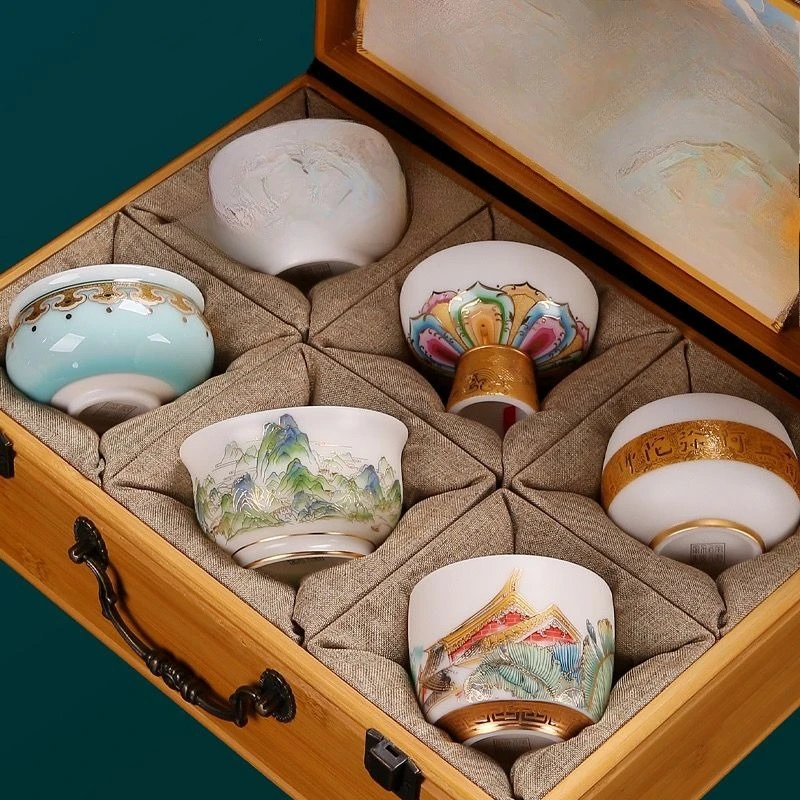 Mid-Autumn Festival gift 6 packs suet jade teacups personal special high-end cup set high-end
