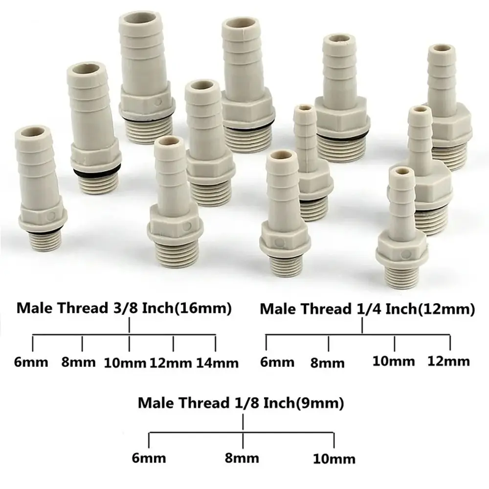 Encaixe de mangueira plástico rosca macho BSP, adaptador de acoplamento de tubulação, POM Pagoda, cauda farpada Connector Joint, 1/4 ", 1/8", 6mm, 8mm, 10mm, 12mm, 1Pc