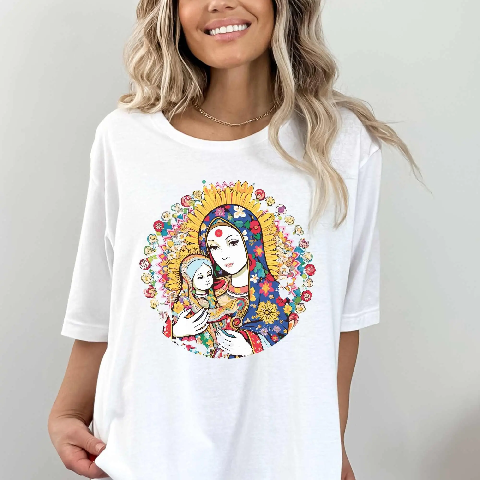 Colorful Holy Mary And Baby Jesus Softstyle T Shirt Our Lady Oriental Style Drawing Of Mother God For Christians