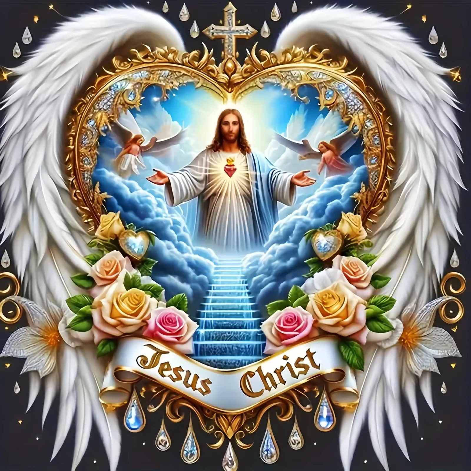 

DIY Jesus Christ Sacred Heart Jigsaw Puzzle, Angel Wings and Golden Frame with Roses for Living Room Wall Decor