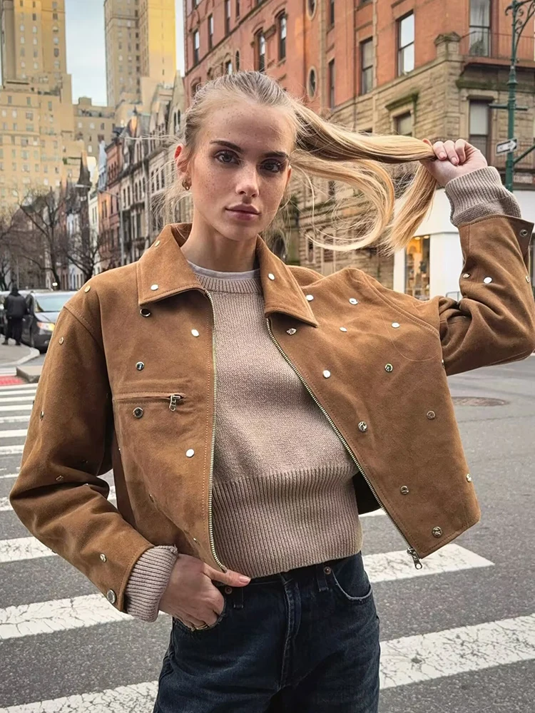 Chaquetas Vintage elegantes con remaches para mujer, chaquetas de gamuza inteligentes a la moda para mujer, trajes informales para mujer, ropa elegante para niñas 2025