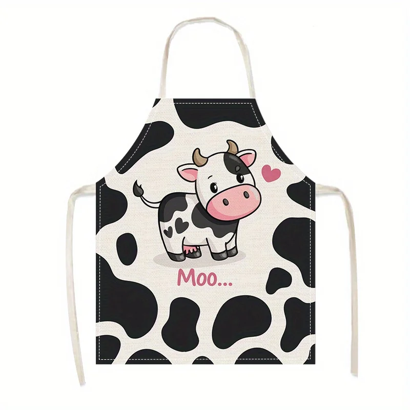 1pc Cute Cartoon Cow Print Kitchen Apron for Women and Kids Funny Animal Design Cooking Baking BBQ Party Gift