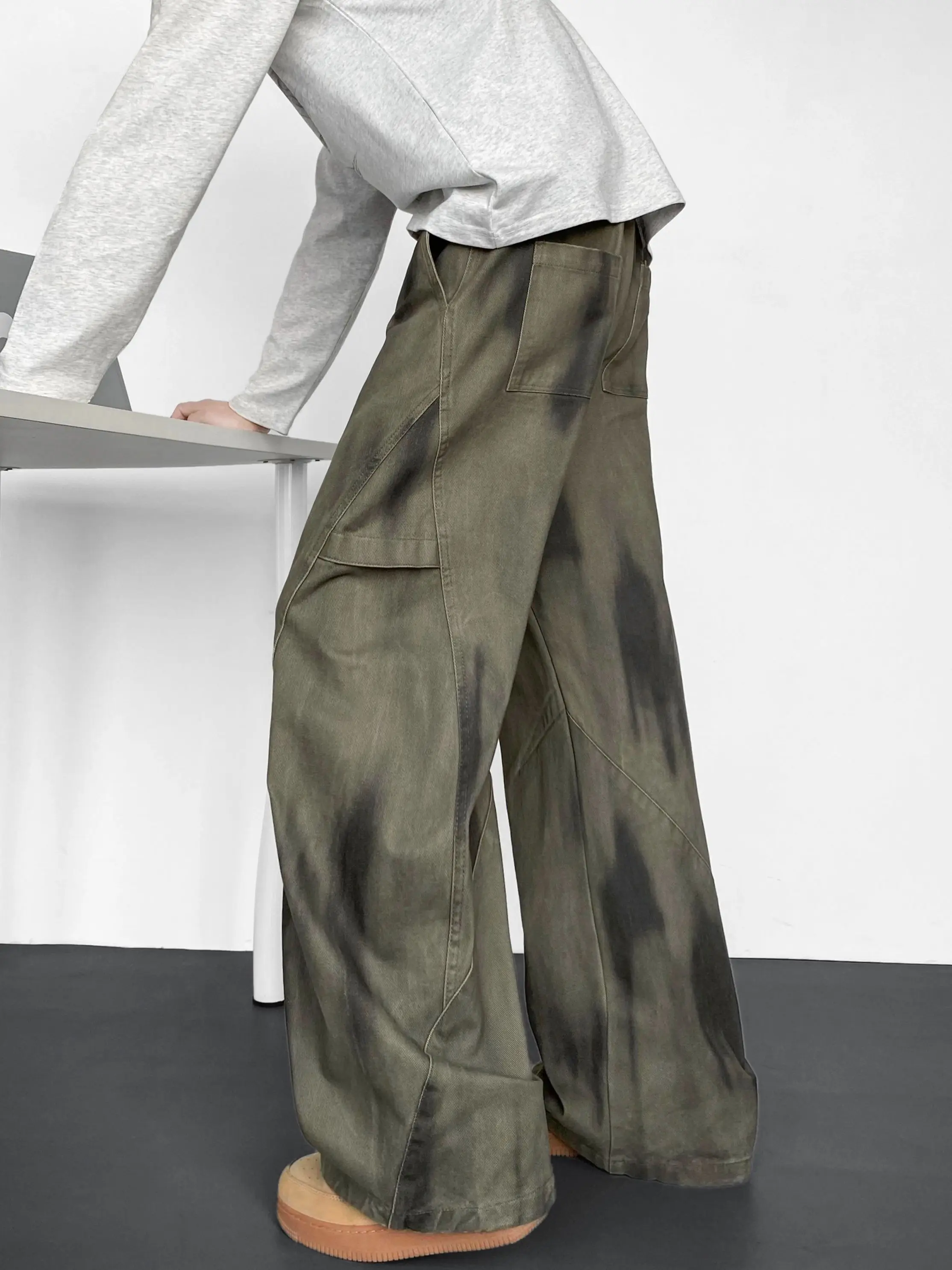 Men Deconstructed Tie‑Dye Cargo Pants Loose Wide Leg Trousers Cotton & Regenerated Cellulose Fiber Vintage Street Style Multi Po
