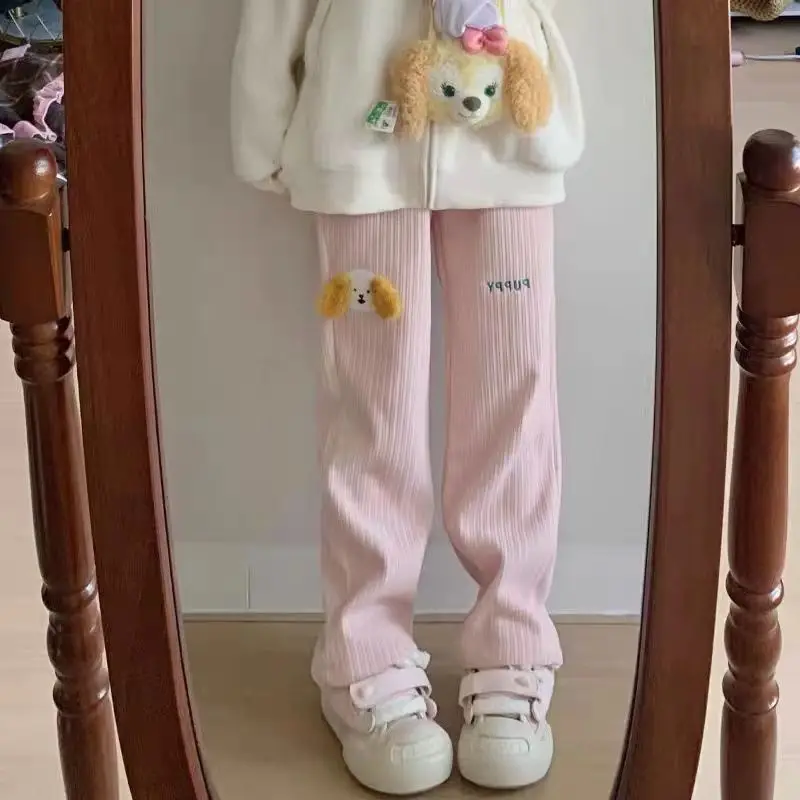 Japanese puppy ears embroidered corduroy wide-leg pants children loose slim straight casual pants in autumn and winter.