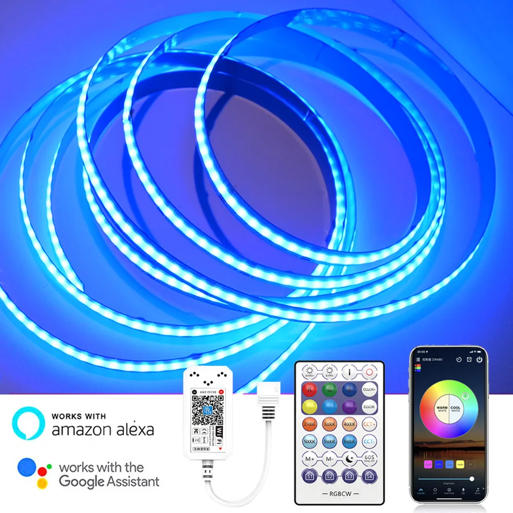 WiFi COB RGB+CCT LED Strip 24V 2m 3m 5m RGBCW Flexible Dimmable Decor Light 28keys Remote Control fr Alexa Google Magic Home APP