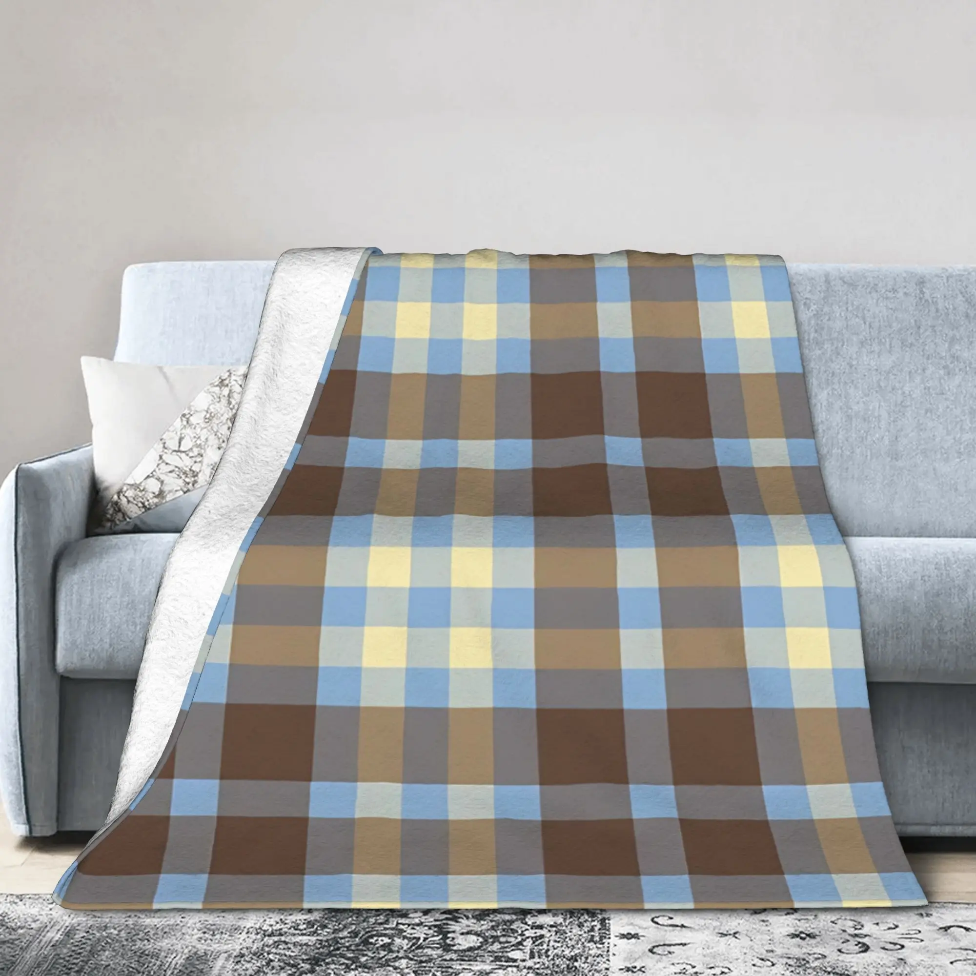 Rustic Autumn Blue Gingham Tartan  Knitted Blanket  Flannel Throw Blanket Home Couch Decoration Lightweight Bedsprea,