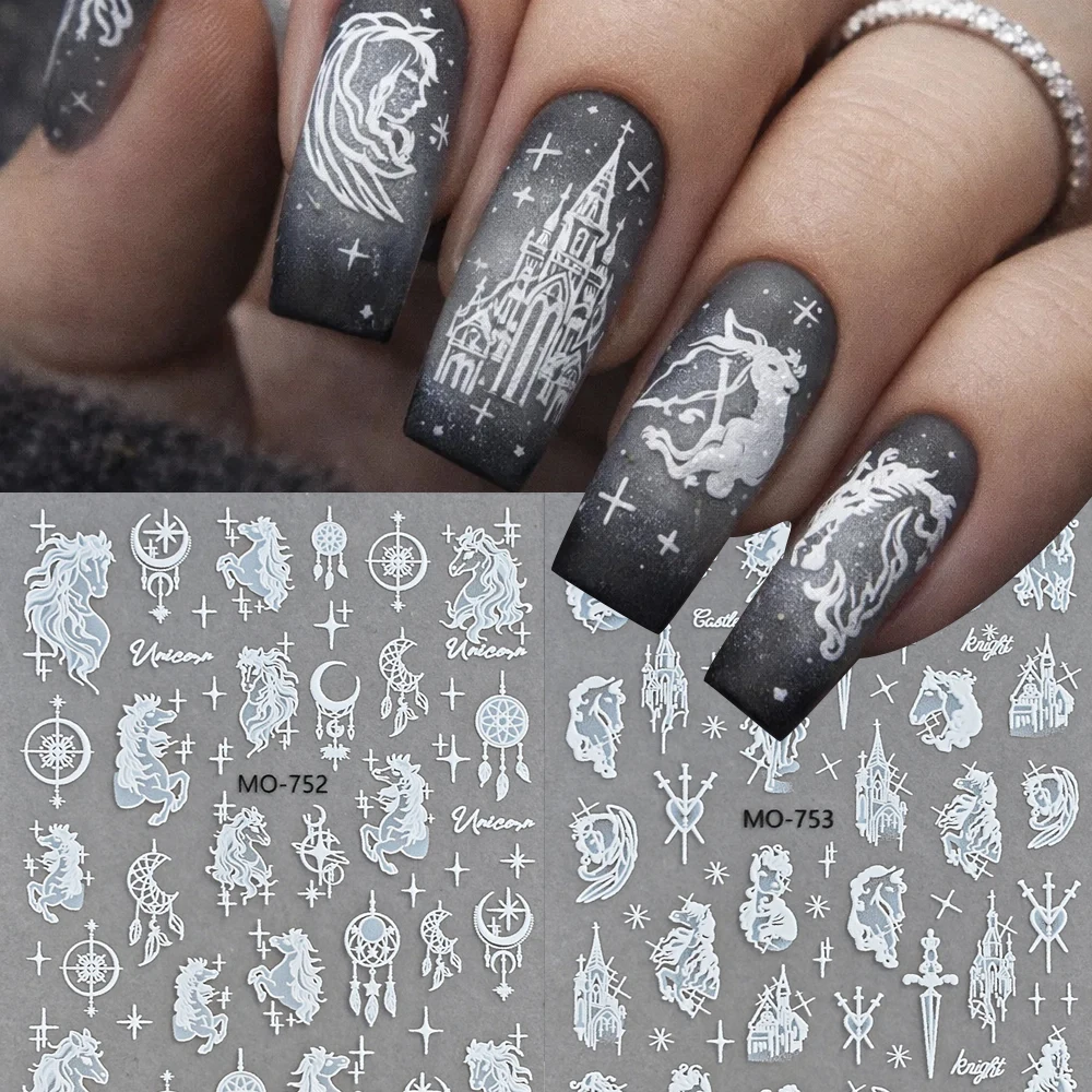 2 Stück Fansy White Horse 3D-Nagelkunst-Aufkleber, Schloss, Traumfänger-Muster, selbstklebende Nagelaufkleber, DIY-Maniküre-Dekoration, Nagelfolie