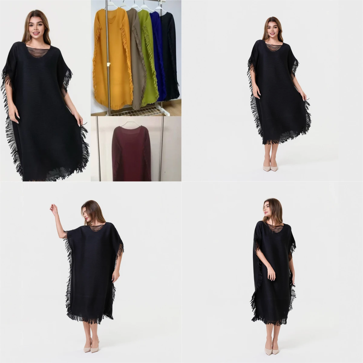 

Miyake Pleated 2025 Dress with Shawl Sleeves, Round Neck, Tassel Edges, Loose and Fashionable Commuting Long Skirt for Women