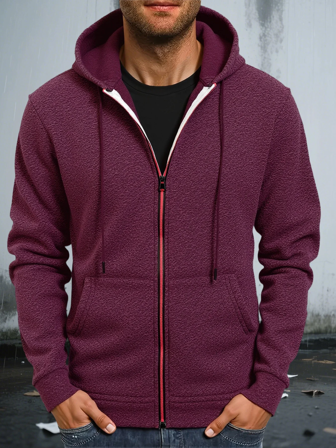 Cozy Thermal Heather Knit Men Zip Hoodie Anti-slip Drawstring Tips Spacious Side Pockets Elastic Rib Edges Fleece Sweatshirt