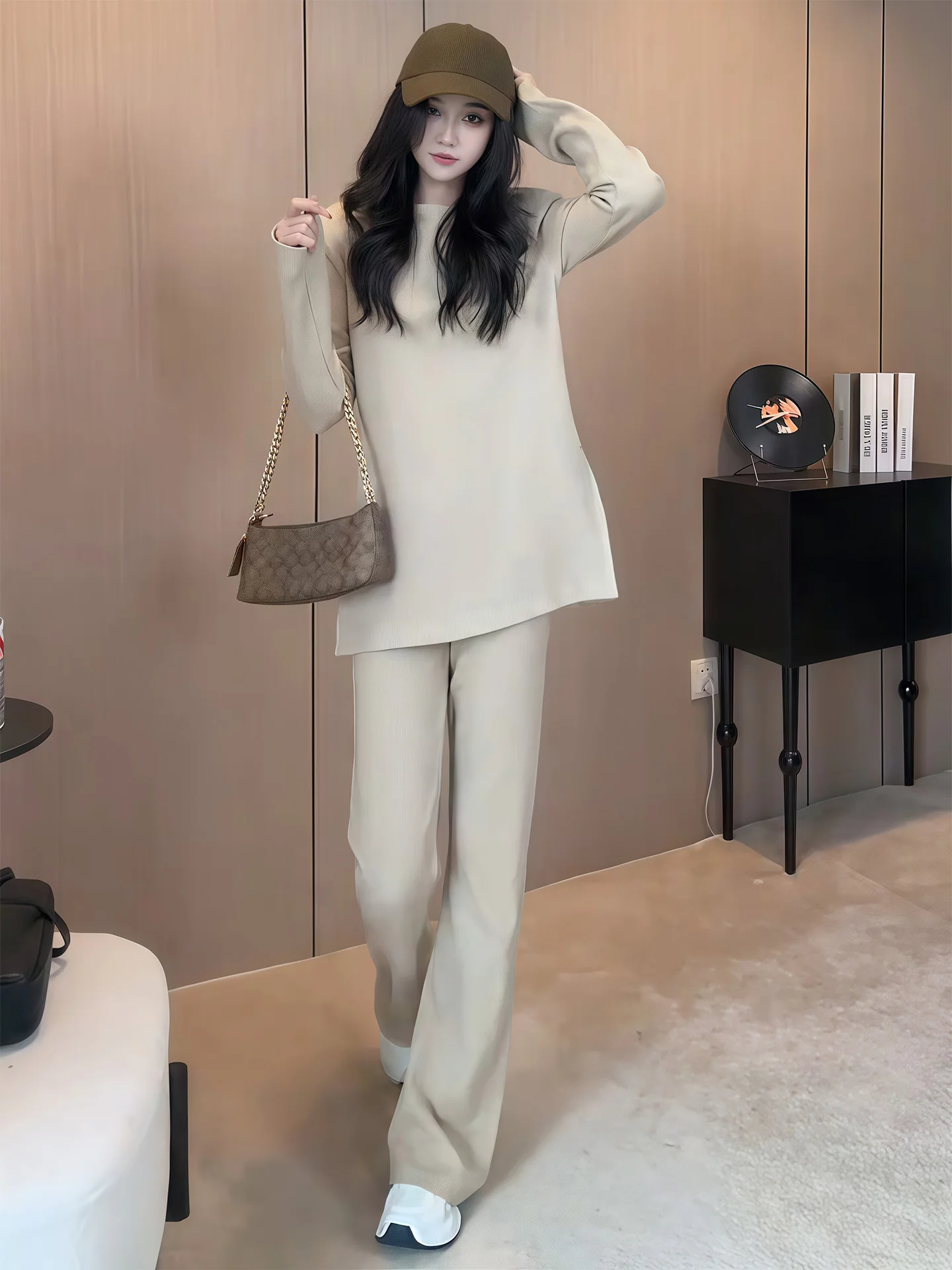 Casual Fashionable Women's Knitted Set round Neck Long Sleeve Pure Color Autumn New Style Wide Leg Pants Two Piece Suit