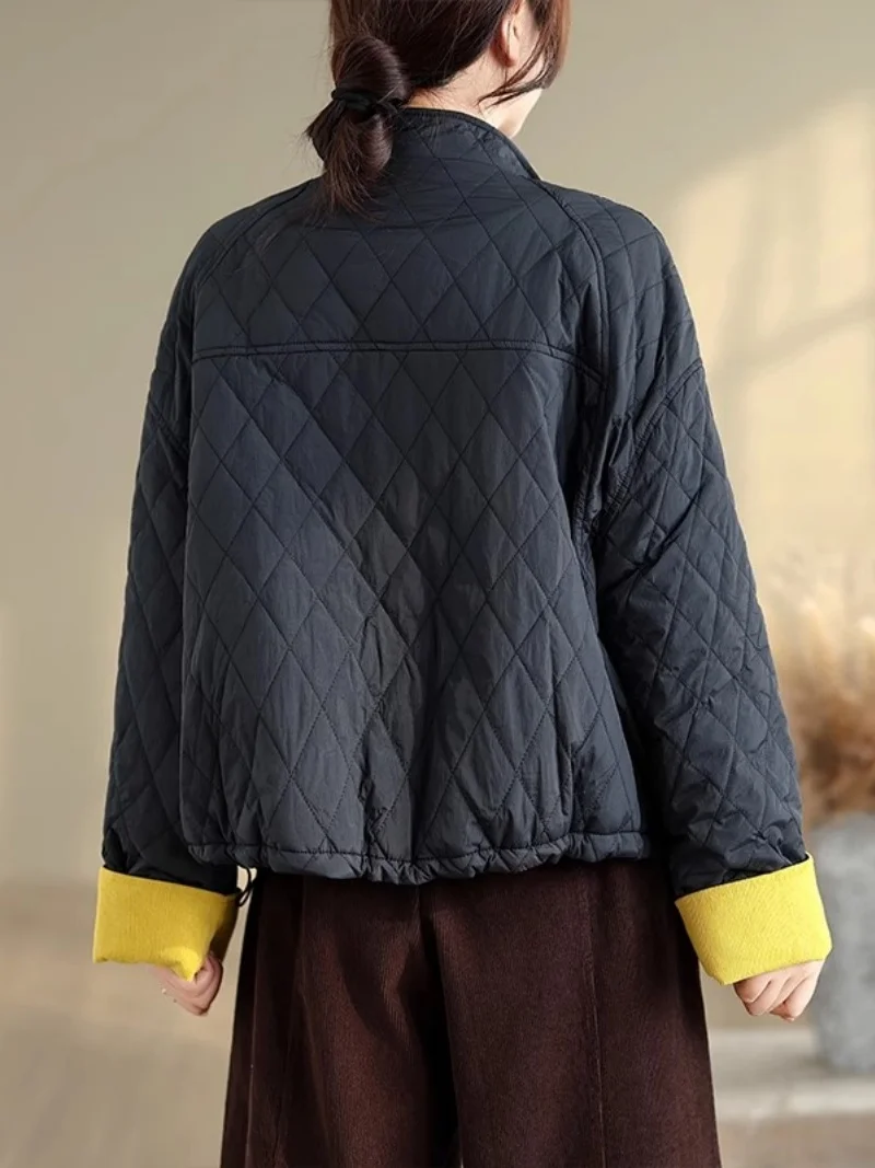 Korean Contrasting Stand Up Collar Cotton Jacket Design Casual Thick Women Fashion Single Breasted Short Outerwear Coat  w1093