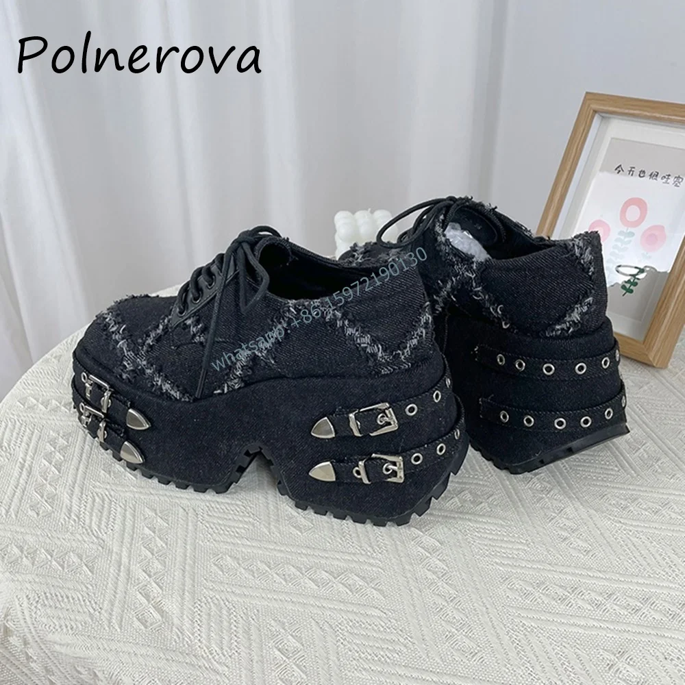 Belt Strap Rivet 9.5 Cm High Increase Pumps Square Toe Cross Toed Hot Girl Shoes Black Make Old Punk Sweet Cool Fashion Shoes