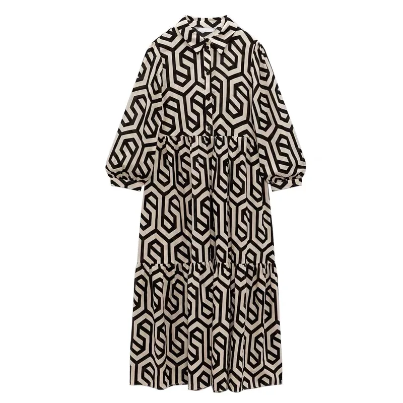 

Spring Summer 2024 New Women Print Shirt Dresses Loose Long Sleeve Elegant Lady Vestidos A-Line Black White Female Robe K1107