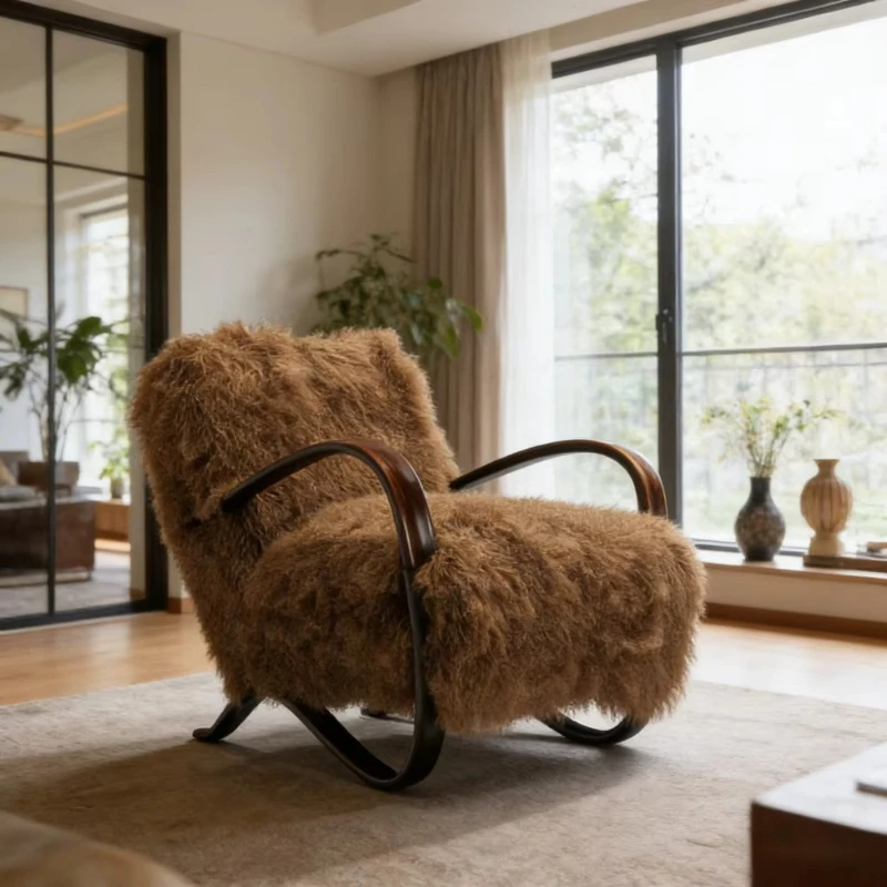 

High-end fluffy fur single sofa chair with curved wooden legs and curved wooden armrests for hotel and home furniture