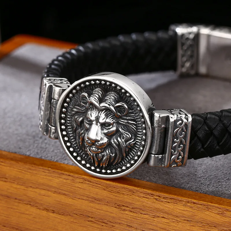 BOCAI New S925 Sterling Silver Charms Bangles for Men Antique Relief Lion Genuine Leather Bracelets Punk Fine Choice Jewelry