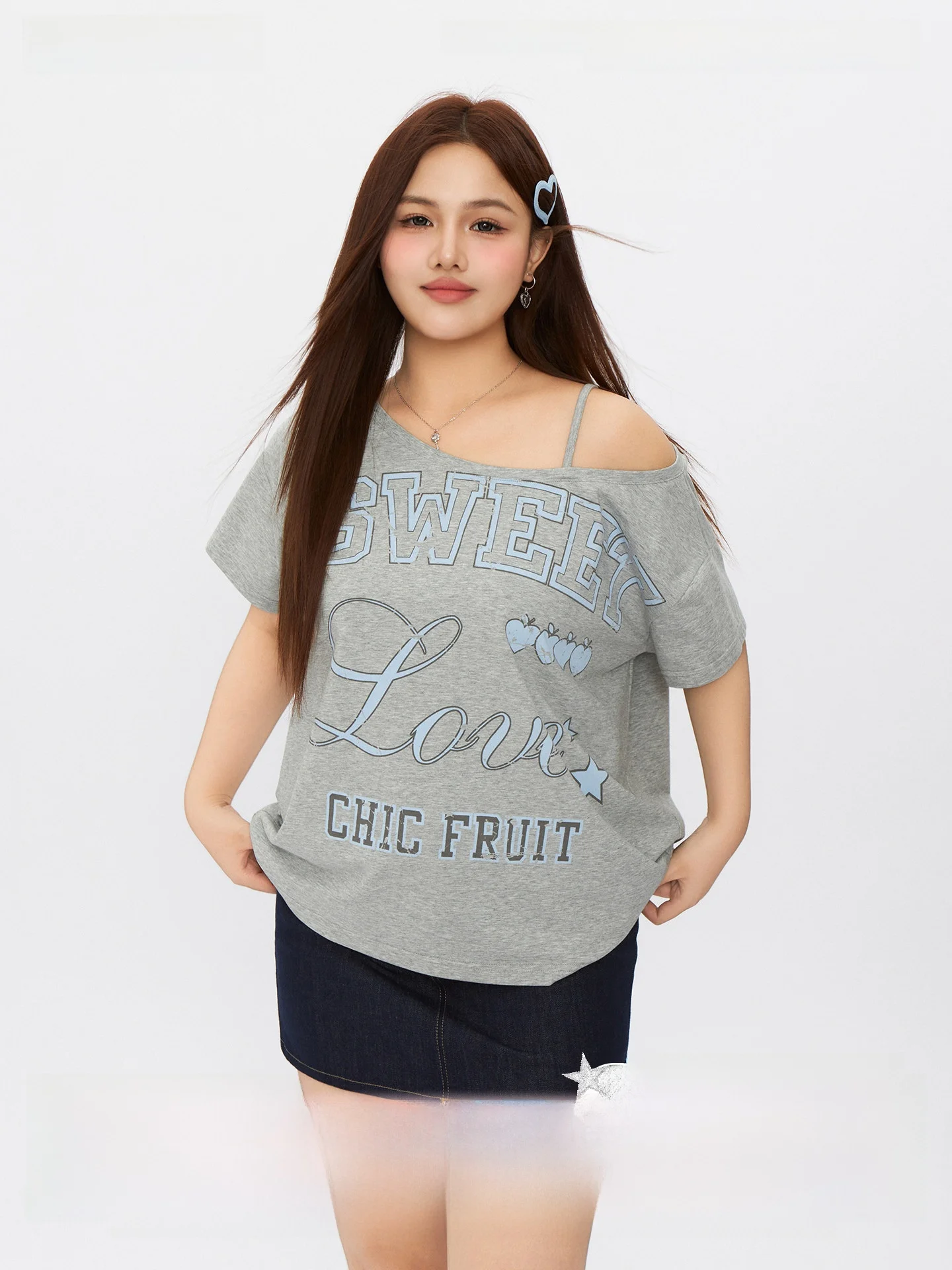 

Spicy Fruit Casual Loose Short Sleeve T-Shirt Shoulder Print Summer Large Size Women's Fashionable Ladies Cotton Tee