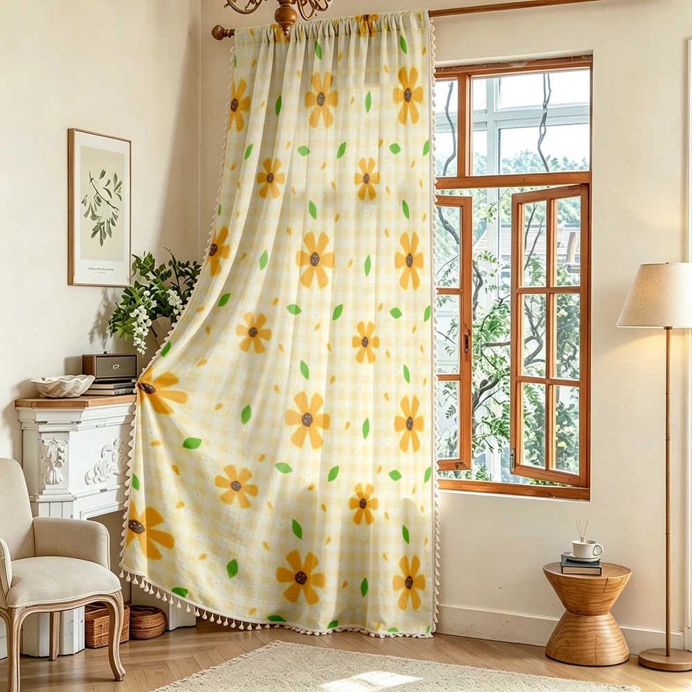 1PC Floral Tassel Sheer Curtains, Yellow Daisy Gingham Checkered, Digital Print, Polyester, Bedroom Living Room Decor Rod Pocket
