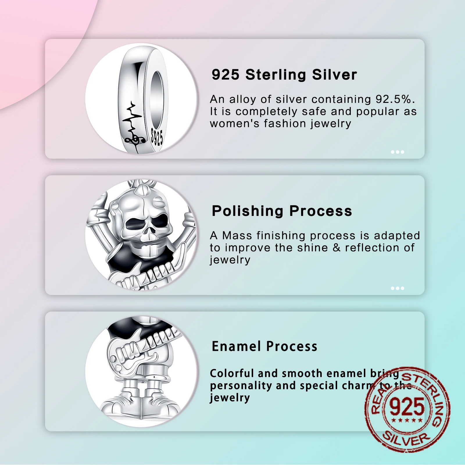 Rock Skull Dangle Charm S925 sterling Silver Guitar Rock Hand Gesture Design Pendant  Fit Bangle Bracelet Necklace DIY Jewelry view 5