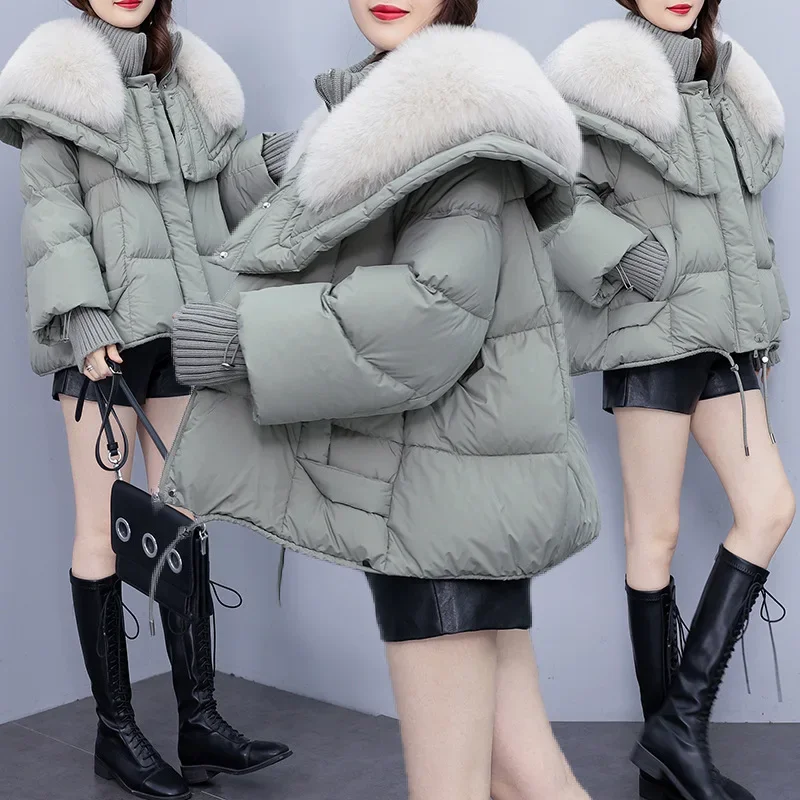 2024 Plus Size Fox Fur Collar Goose Down Jacket Women's Cropped Haining Winter Jacket New Trendy Thick Long Sleeves