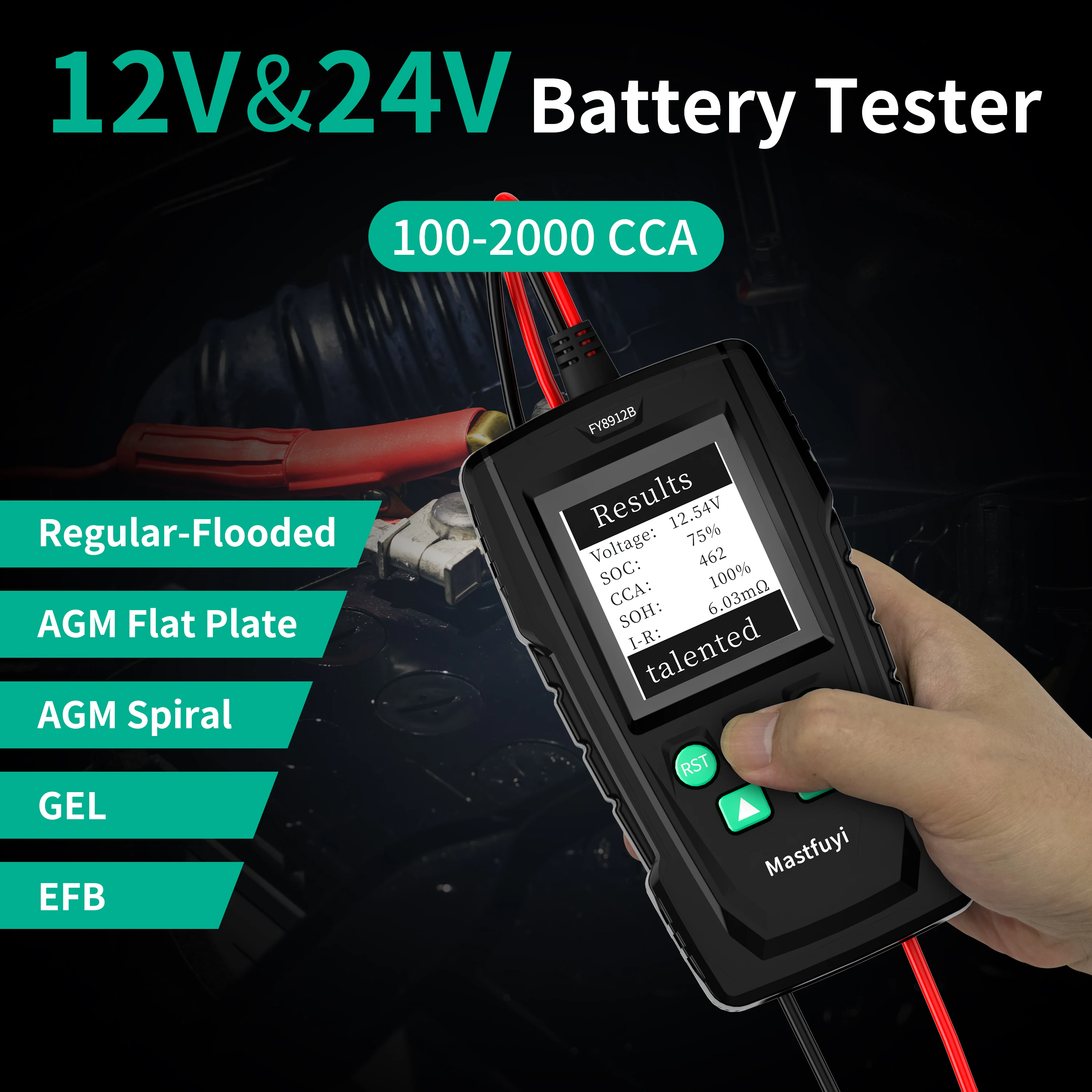 MASTFUYI FY8912B Car Automotive Battery Tester 12/24V Battery System Analyzer 100-2000CCA Charging Cranking Diagnostics Tools