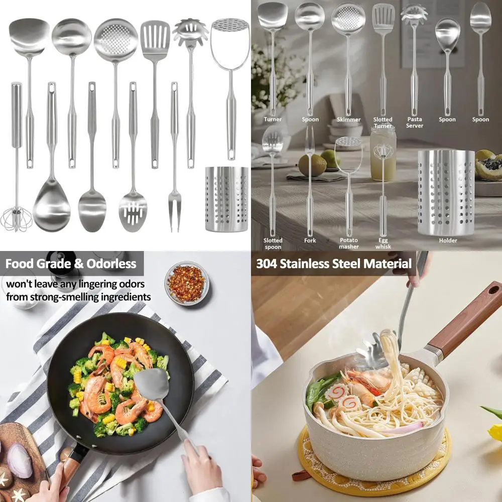 

12-Piece Stainless Steel Kitchen Utensil Set with Stand: Includes Masher, Pasta Server, Turner, and More