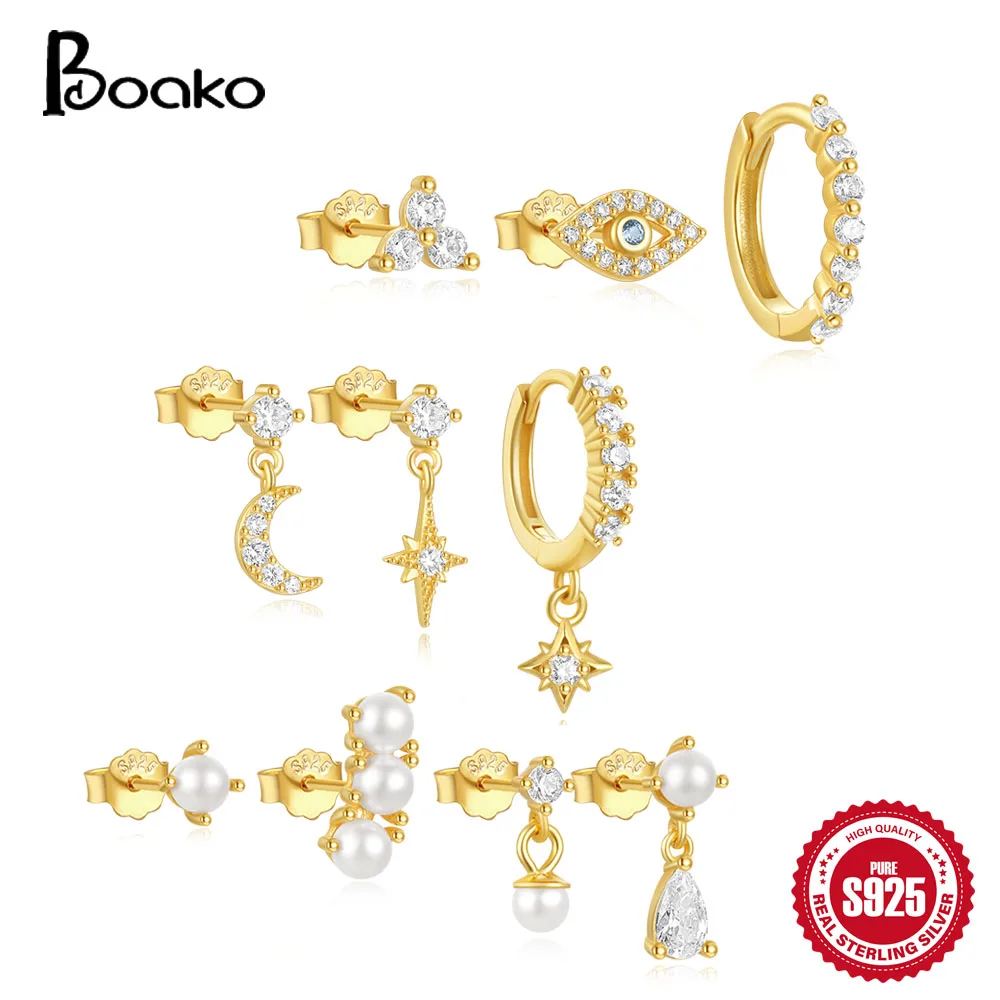 BOAKO 925 Sterling Silver Earrings For Women Star Moon Evil Eye Pattern Earring Light Luxury Pearl Zircon Engagement Jewelry Set