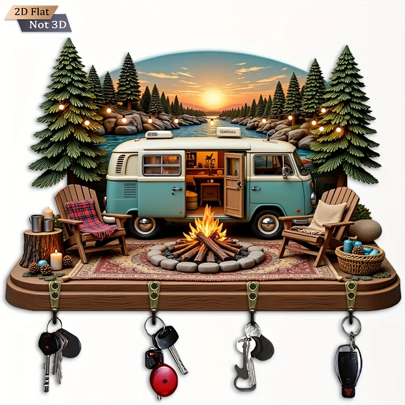 2D Flat. 1pc. Camping Style Key Hook - Wooden Multi-Functional Decorative Key Holder with Four Metal Hooks, Wall Decoration,