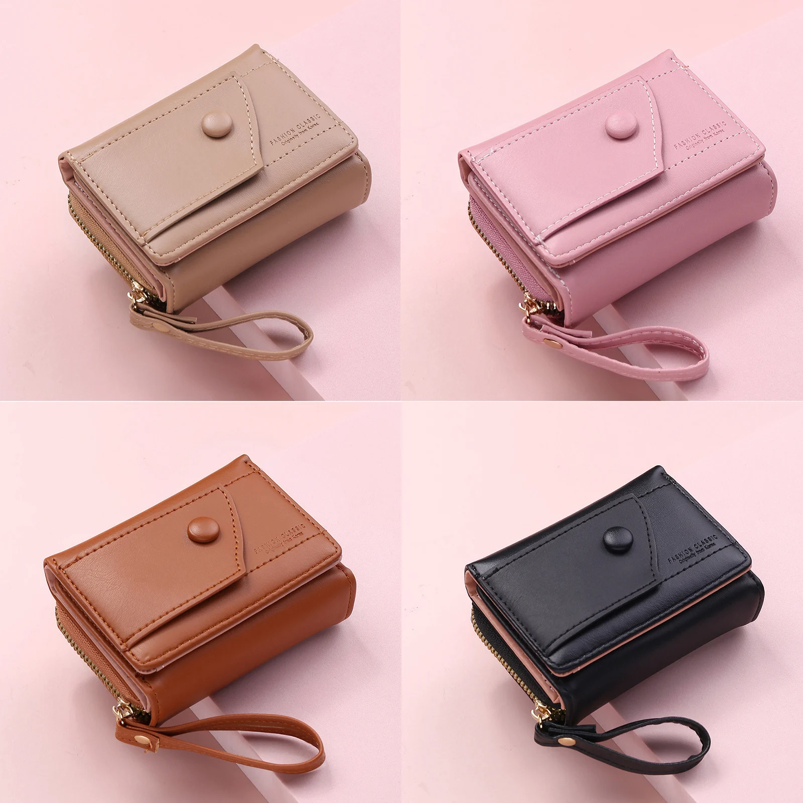 Four Seasons Women's Short Wallet Zipper Tower Buckle Wallet Girl Student Handheld Bag Solid Color Simple Versatile Fashion