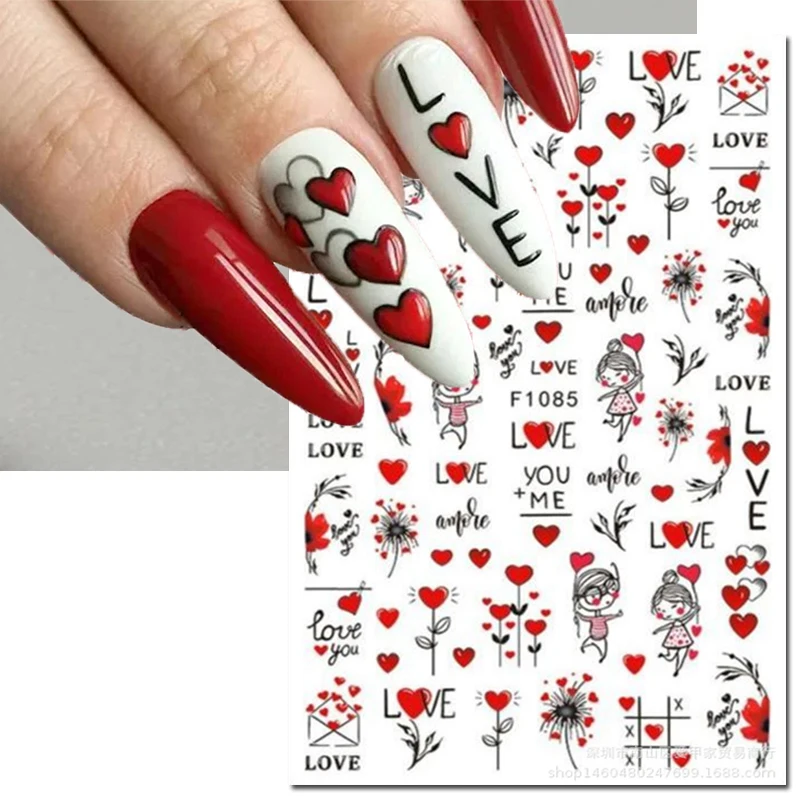 

3d Nail Art Decals Valentine Day Red Love Letters Hearts Dandelions Flowers Leaves Nail Stickers Decoration For Nail Manicure