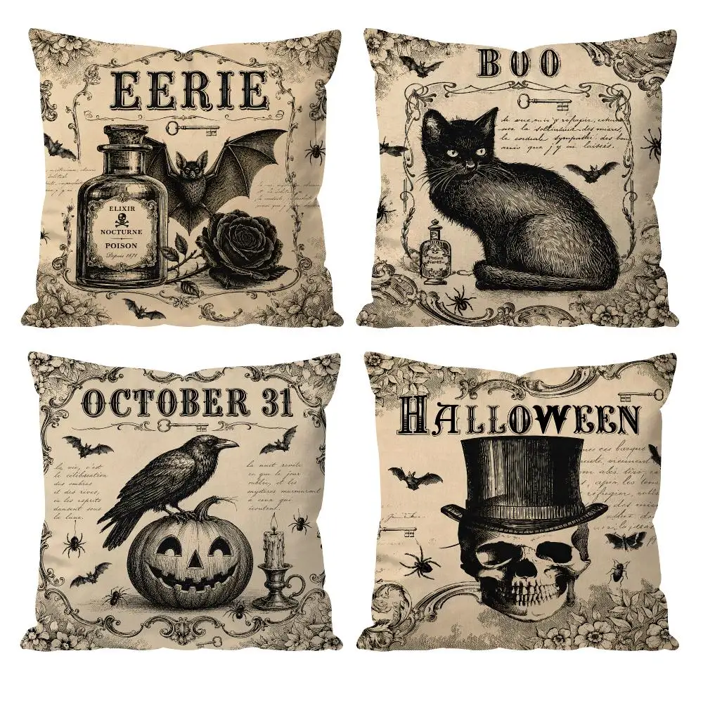 Halloween Cats Skeleton Pumpkin Cushion Cover Double-Sided Plush Sofa Cushion Covers Organic Breathable Invisible Zipper