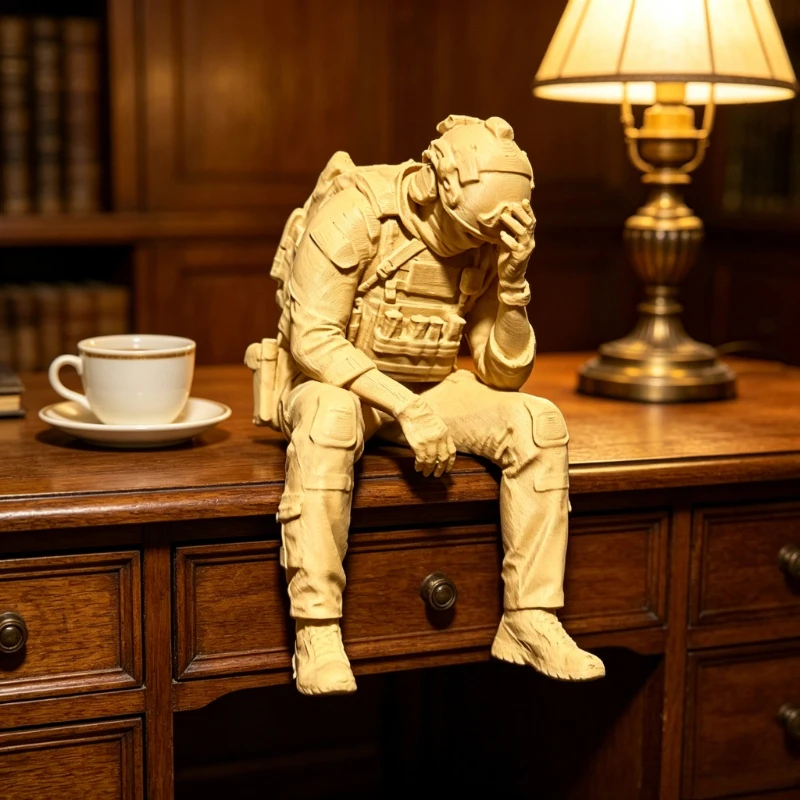 Military Style Sitting Soldier Figurine 3D Printed Miniature Tactical Gear Desk Ornaments Home Office Bookshelf Decor Craft Gift