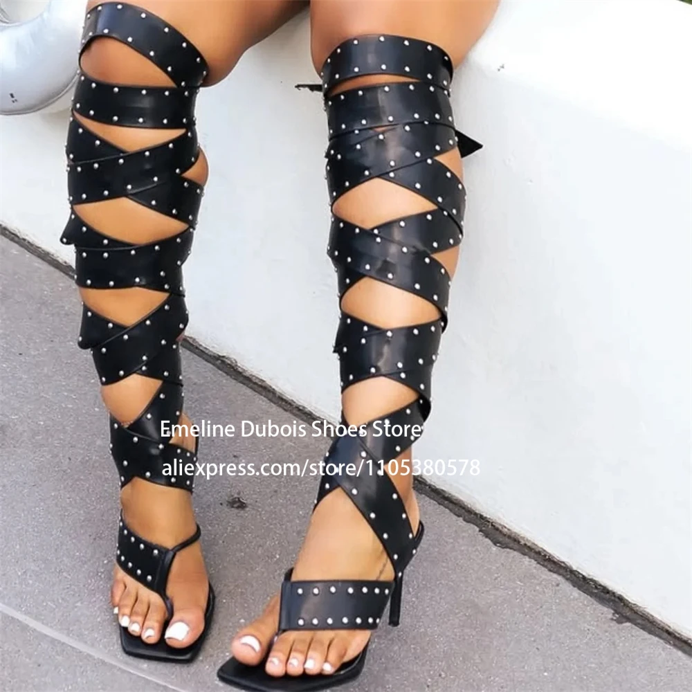 

Suede Studded Strapped Sandals Knee High Heel Thong Boots Long Lace up Open Square Toe Leather Stiletto Heel Women Summer Shoes