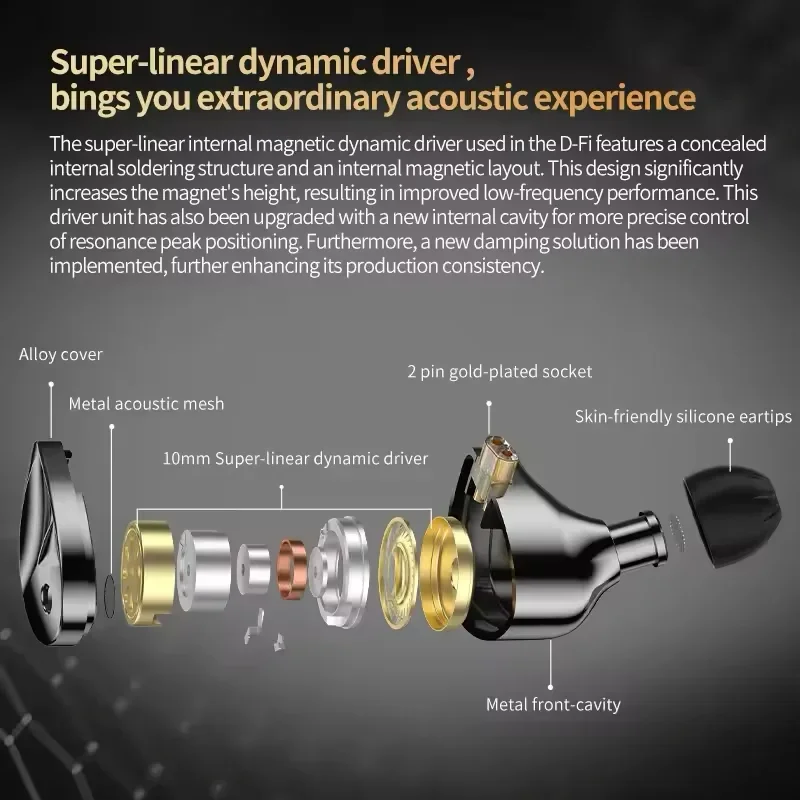 KZ D-Fi سماعات أذن سلكية 4 مستويات ضبط التبديل المزدوج المغناطيسي الديناميكي لفائف الموسيقى HiFi سدادات أذن رياضية مراقبة سماعات الرأس #5
