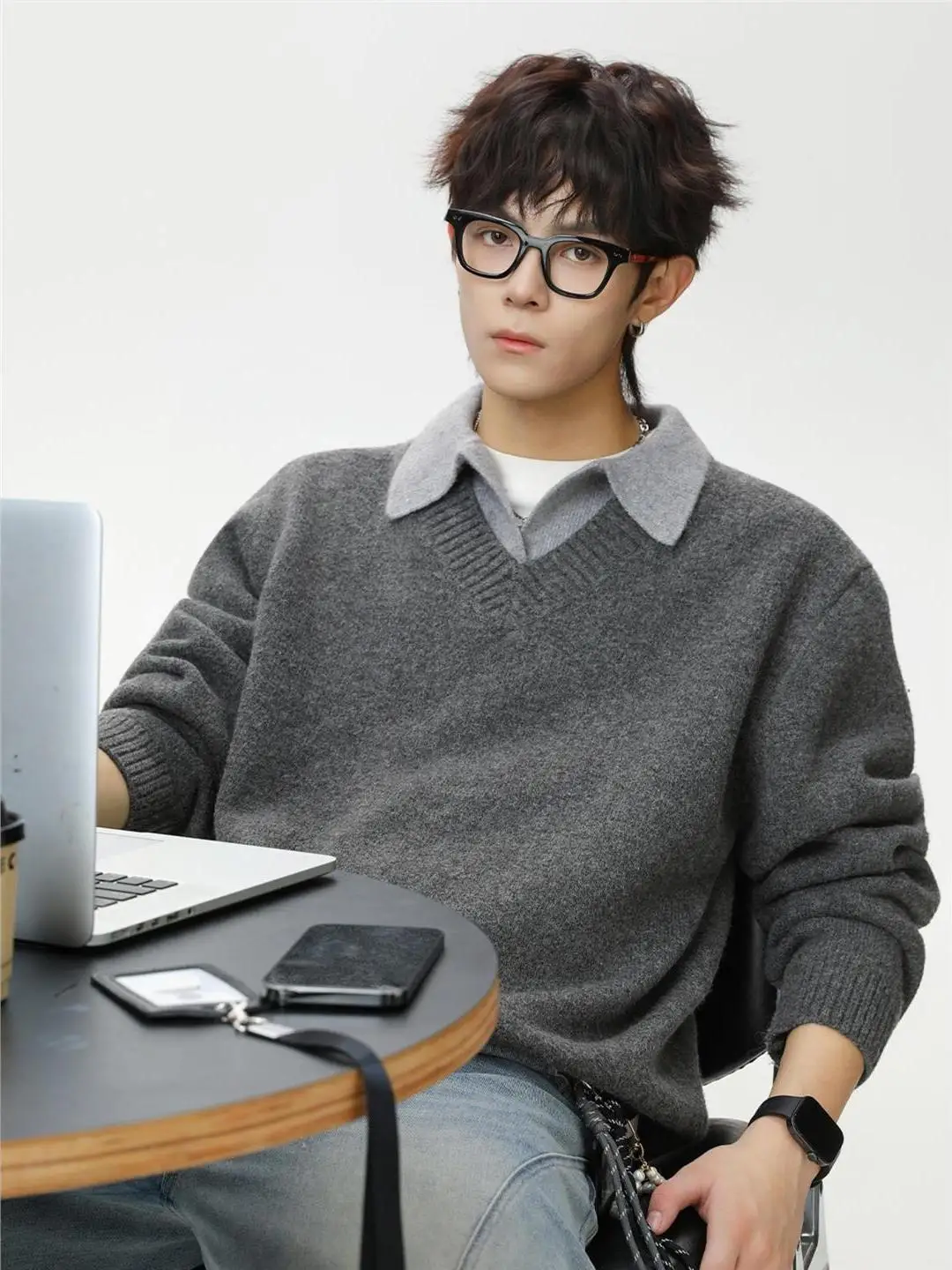 

Autumn Winter Men's Collar Knitted Sweater Fake Two-Piece Loose Fit Warm Outerwear Casual Sle Medium Gauge Thi