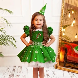 Christmas Carnival Party Dresses Kids Santa Claus Green Snowflake Gift Girl Red Stripe Umbrella Handle Dress Girls Christening